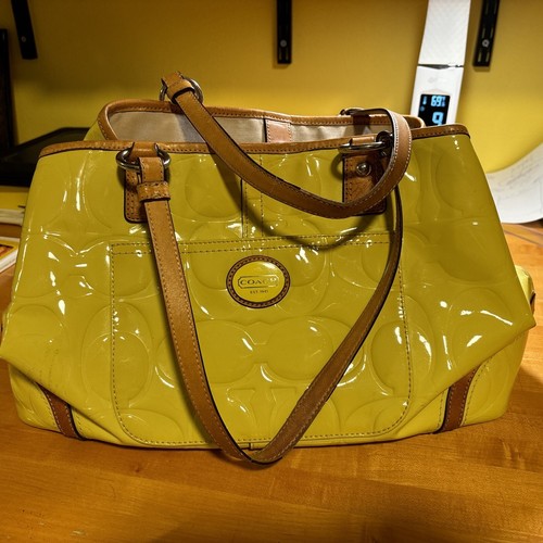 Coach Embossed Yellow Patent Leather Peyton Framed Shopper Satchel Bag