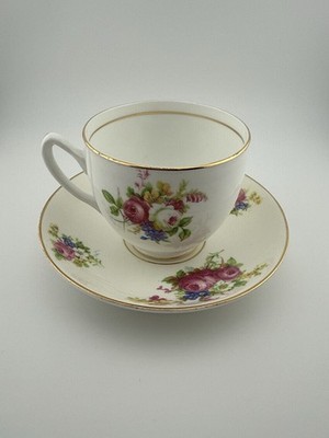 Duchess Bone China England Floral Teacup & Saucer Set Gold Trim Roses Vintage