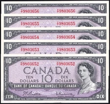 Canada 1954 $10 Banknotes Lot Of 5 UNC Conscutive Beattie - Rasminsky