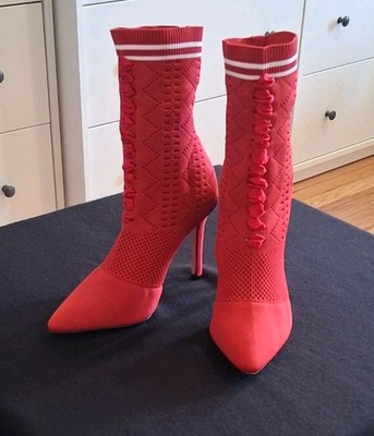Red Knit Mid-Calf Sock Boots Women Lace-Up Stiletto Pointed Toe Stripe White 7.5