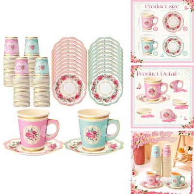 Tioncy 100 Pcs Tea Party Set 50x 9oz Cups + 50 Plates Pink Blue Floral