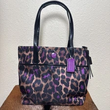 Coach F25282 Signature Ocelot Tote Violet Purple Black Sateen Animal Print Wild