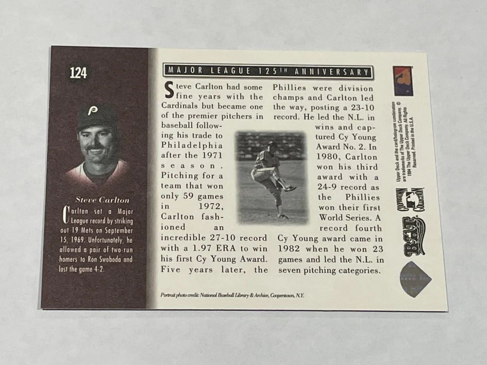 1994 Upper Deck All-Time Heroes Baseball #124 - Steve Carlton - Phillies - Image 2 of 2