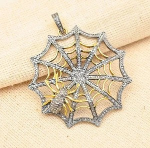 Authentic Round Cut Moissanite 2.5Ct Spider Web Charm Pendant 14K Two Tone Gold Plated