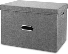 Linen Fabric Collapsible Storage Bins with Removable Lids and Medium, Grey