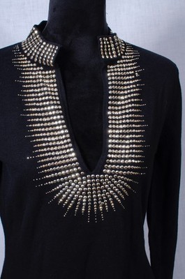 Boston Proper Top Blk Ribbed  Stud Embelshed Top Tunic Women's Sz M Holiday