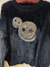 Soft Black Plushy Japanese Gold Sequin Winky Smiley Sweater Fun