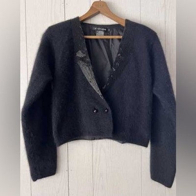 Vintage angora cardigan I.B. Diffusion Low cut v-neck beaded lape 90s kate moss