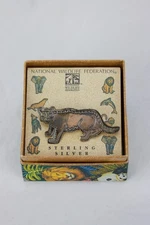 Sterling Tiger Brooch, Patina, 925 EFS Mexico For The NWF, With Box, 8gr