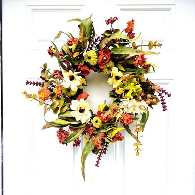 19 '' Fall Sage Green & Rust Front Door Wreath  With Green Pumpkins & Flowers