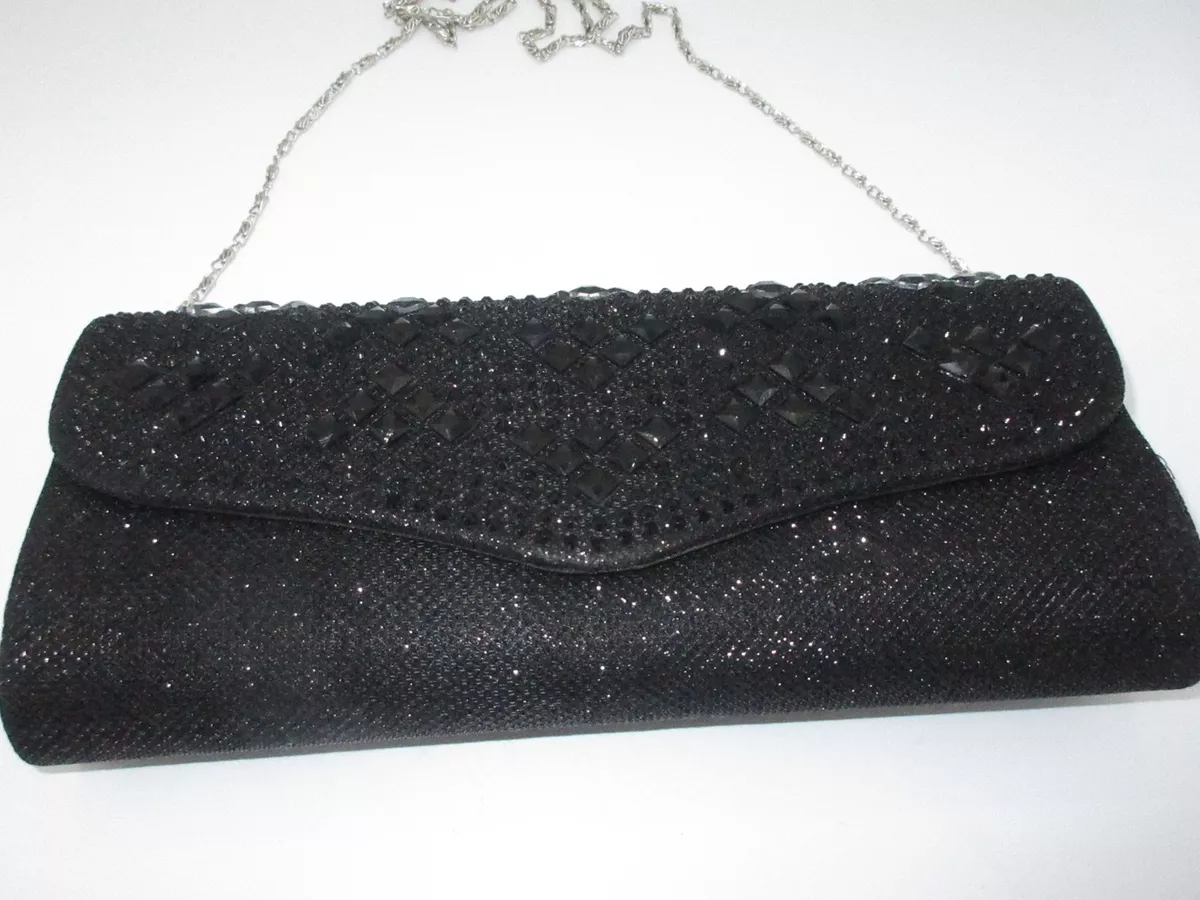 Clutch Purse Evening Bag Metallic Black Jeweled Rhinestone Crystal