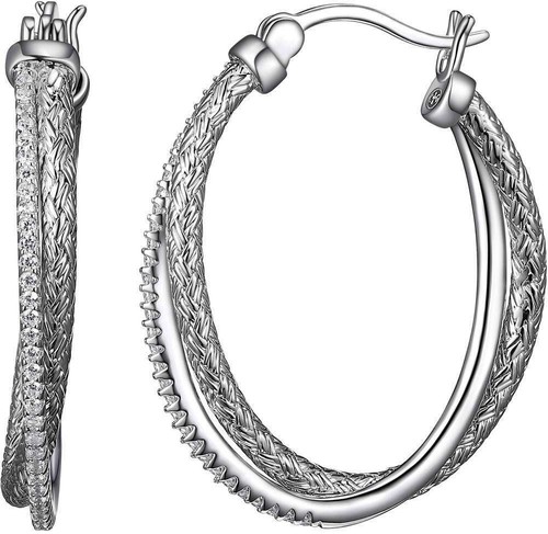 Charles Garnier 30mm Sterling Silver Oval Double Hoop Earrings w/ CZs