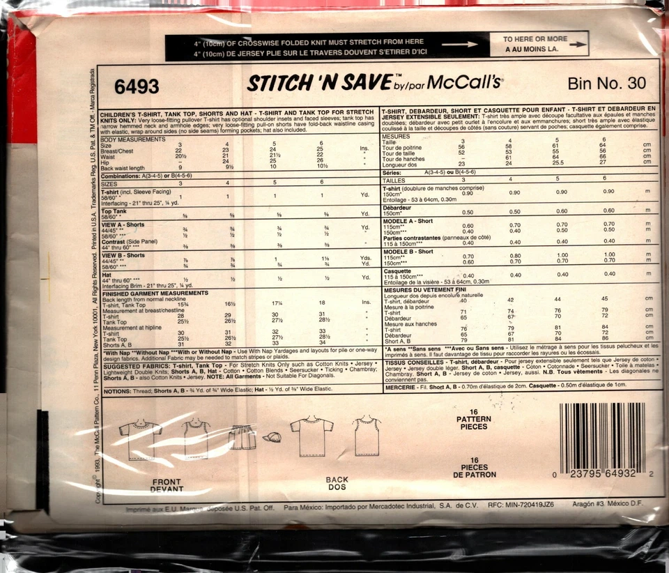 McCall's 6493 Stitch 'n Save ~ Childrens' T-Shirt, Tank, Shorts and Hat - Image 2 of 4