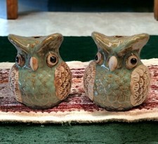 Vintage Ceramic Owls Green Pair Duo Lot Home Decor Mantle Interior Decorating