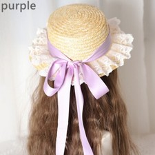 Damen Lolita Mädchen Strohhut Kappe Sonnenhut Spitze Bowknot Landleben Sommer