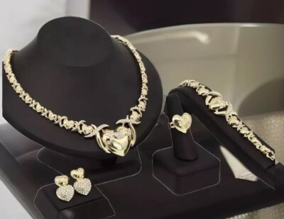 24K  Gold Plated Necklace , diamond Heart  Zircon 4 PC Set,xoxo
