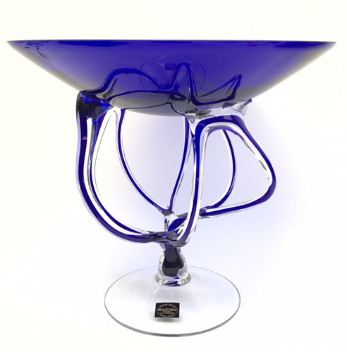 Makora Polish Art Glass Large Pedestal Compote, Cobalt Blue 12" w/ 13" Bowl - Picture 2 of 8