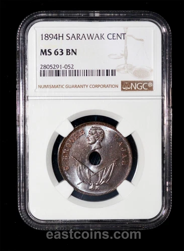 NGC MS63 1894 Sarawak Rajah Brooke 1 cent - Rare!!!