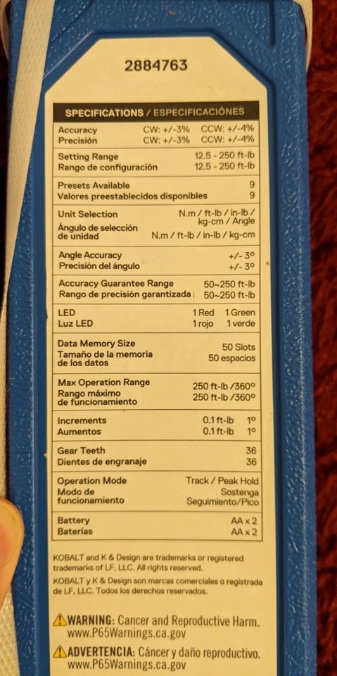NEW Kobalt 1/2"-drive digital torque wrench 12.5-250 ft-lbs, 2884763 Model 81732 - Image 3 of 4