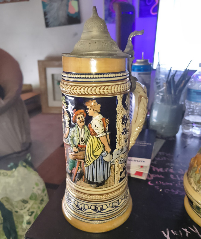 German Ceramic Beer Stein Hinged Pewter Lid Hand Painted One With MUSIC BOX!! 