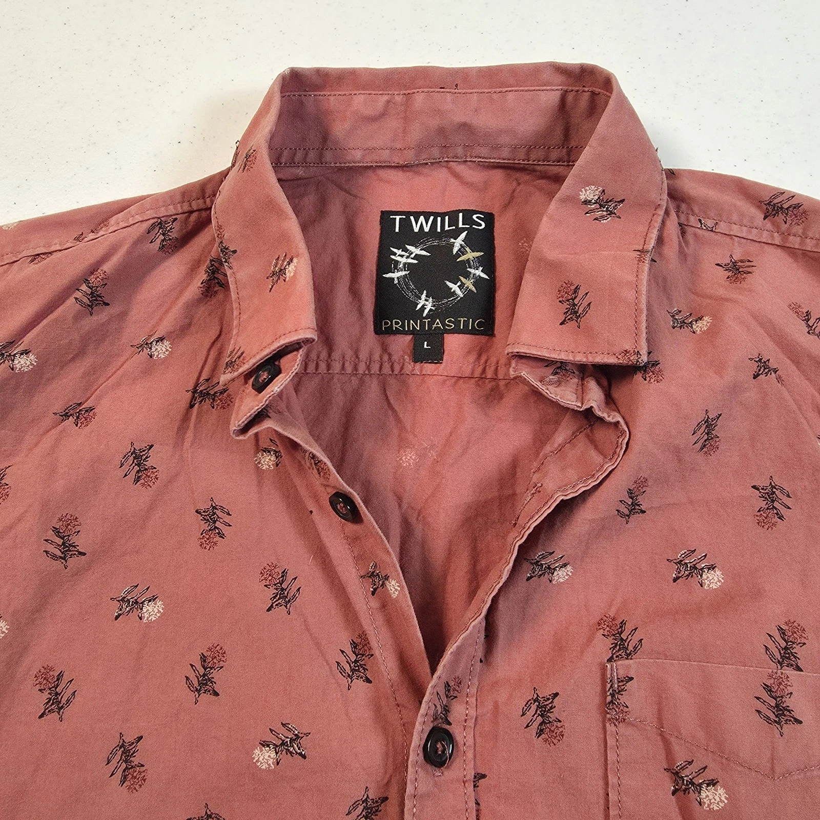 Twills Printastic Mens Mauve Button-Up Shirt Sz L Long Sleeve Floral Embroidered