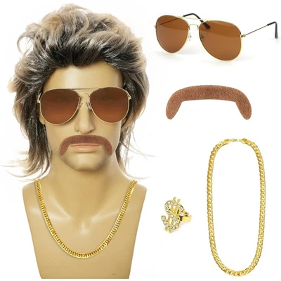 CHRI 80Er Jahre Outfit Herren Perücken 5Er Set, 70Er 80Er Kostüm Herren Vokuhila Perü