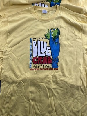 Mens XL Palatka, FL Blue Crab Festival 2022 T Shirt Yellow Souvenir Graphic Tee