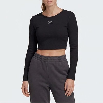 Adidas Originals Womens ESS Crop LS Black Ribbed Long Sleeve Top Size S