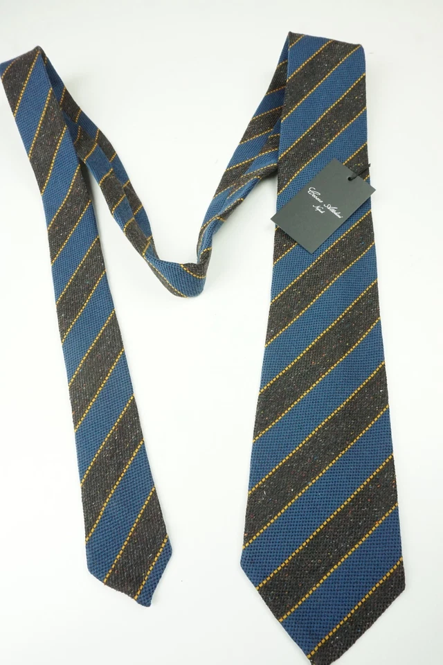Corbata Cesare Attolini Azul Cobalto Marrón Dorado Rayas Tejida Mezcla Lana TOTALMENTE NUEVA Foto 2 de 4