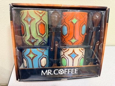 NEW Mr. Coffee Mugs Set of 4 With Spoons 14oz