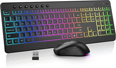 Wireless Keyboard and Mouse Combo, 10 Backlit Effects, Rechargeable 2.4Ghz Silen