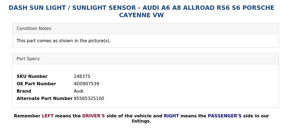 DASH SUN LIGHT / SUNLIGHT SENSOR - AUDI A6 A8 ALLROAD RS6 S6 PORSCHE CAYENNE VW Foto 4 de 4