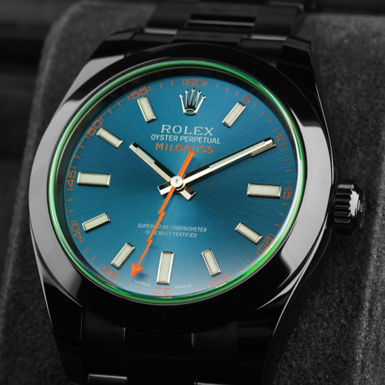 Rolex Milgauss 40mm Green Crystal Blue Dial Black PVD/DLC Steel Watch 116400GV image 8
