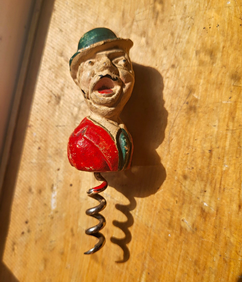 Vintage Figural Man Corkscrew, Wood & Metal Novelty Barware, Red