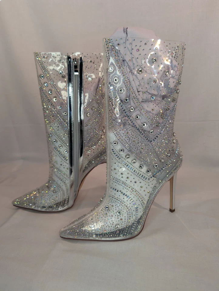 Mujeres Transparente Punta Punta Estrás Tacón Medio Pantorrilla Botas Azalea Wang EE. UU. 9 Foto 2 de 4