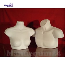 2 WHITE FREE-STANDING MANNEQUINS SET : MALE FEMALE TORSOS with REMOVAL HANGER