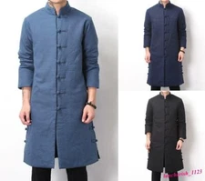Men's Cotton Blend Jackets Stand Collar Robe Coat Ethnic Mid Long Thicken Casual