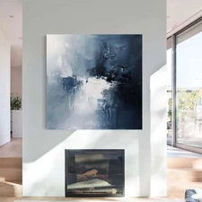 blue abstract oil painting hand painted on canvas Living Room white Home 24in