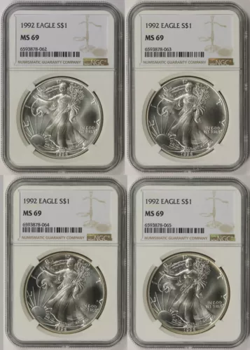 Lot 4 Coins 1992 American Silver Eagle $1 MS 69 NGC