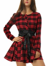 Allegra K Women Plaids Long Sleeves Belted Mini A Line Shirt Dress