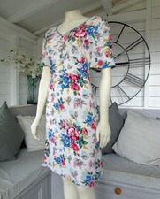Cath Kidston White Floral Painterly Bouquet Summer Vintage Tea Crepe Dress 14