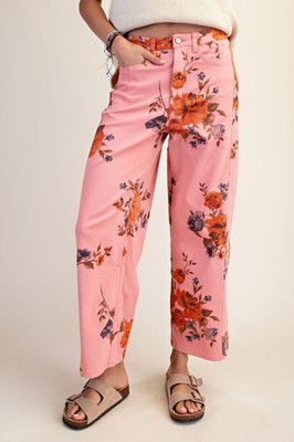 Easel Rose Floral Washed Barrel-Leg Pants in Coral Pink - Women's 