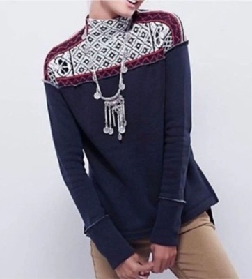 Free People Snow Bunny Fair Isle Mixed Media Black Sweatshirt Top Sweater XL L