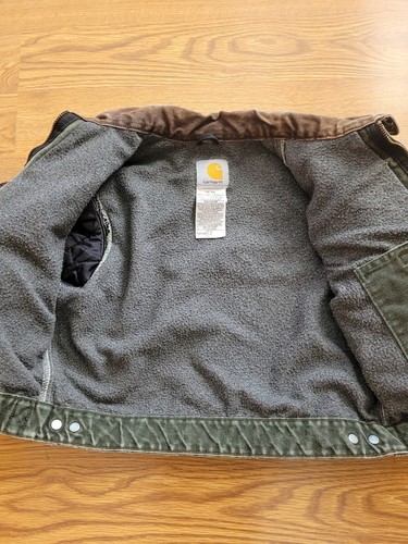 VTG Carhartt YYJ97 MOS Green Faded Detroit Blanket Lined Jacket Youth Medium (8) - Picture 3 of 6
