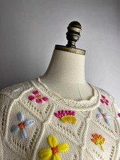 La Ligne Cream Floral Embroidered Merino Wool Sweater Size S