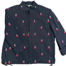 St. John Sport Marie Gray Navy Blue Embroidered Cherry Zip Jacket Womens Medium