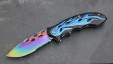 Blue Flame Pocket Knife Spring Assist Titanium Blade Serrated Sharp
