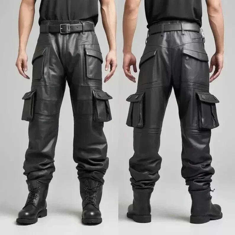 New Black Mens Genuine Lambskin Leather Pant Cargo Style Trouser Biker Rider