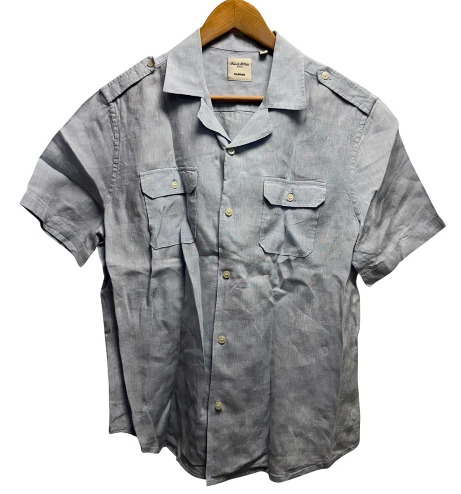 Camisa masculina Baird McNutt x Murano tamanho M azul claro bolso duplo linho dragonas - Imagem 2 de 4