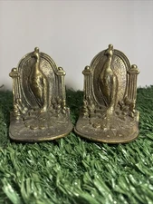 Vintage 1930s Weidlich Brothers Bronze Cast Iron Peacock Bookends